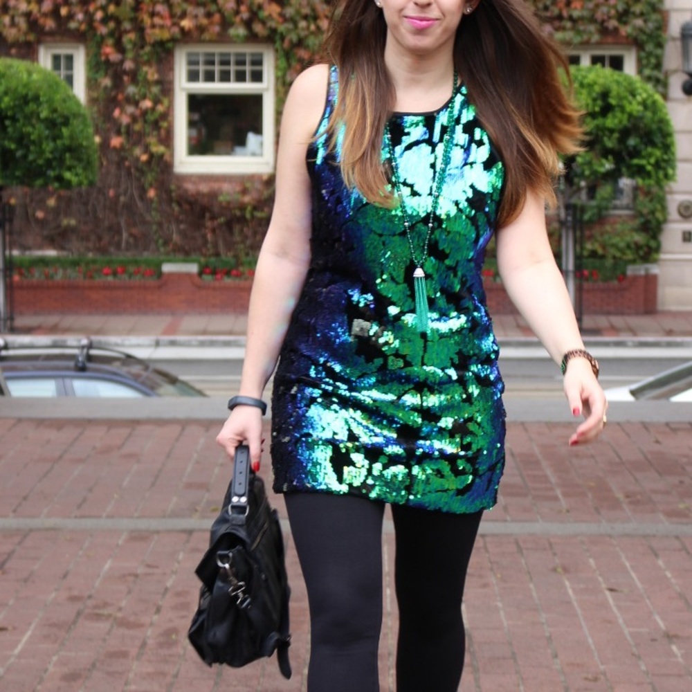 Green Blue Sequin Velveteen Dress